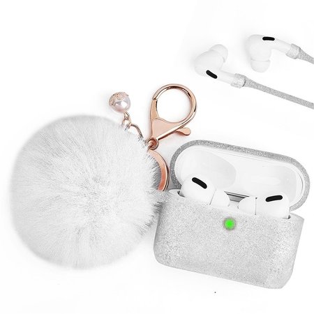 IPHONE iPhone CAAPR-FURB-WT Furbulous Collection 3 in 1 Thick Silicone TPU Case with Fur Ball Ornament Key Chain & Strap for Airpods Pro - Ivory White Glitter CAAPR-FURB-WT